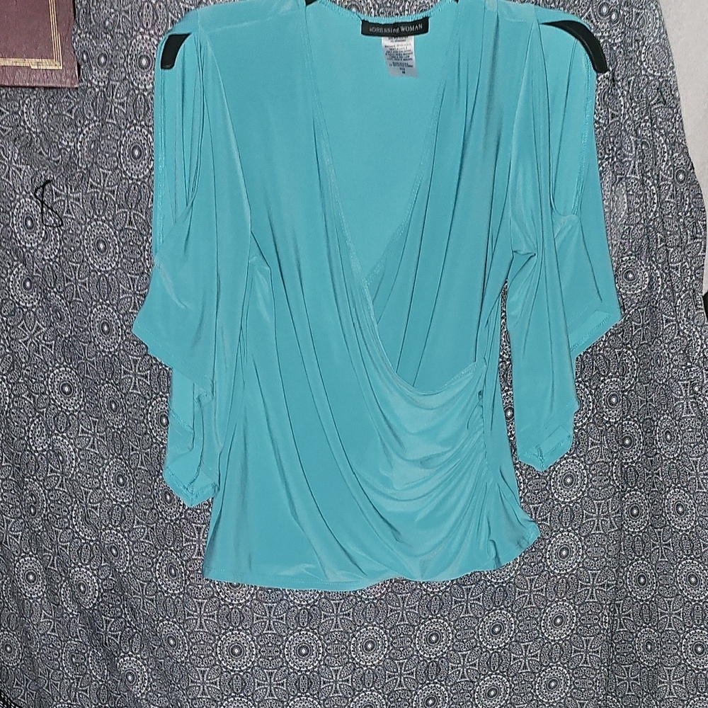 EUC Addressing Woman Teal Draped Faux Wrap Blouse W/cut Out Sleeves